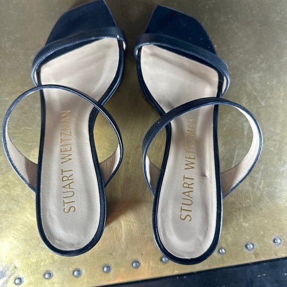 Stuart Weitzman Block Heel Sandal 7.5 Aleena Slide Two Strap Leather Chic Black - Picture 5 of 9